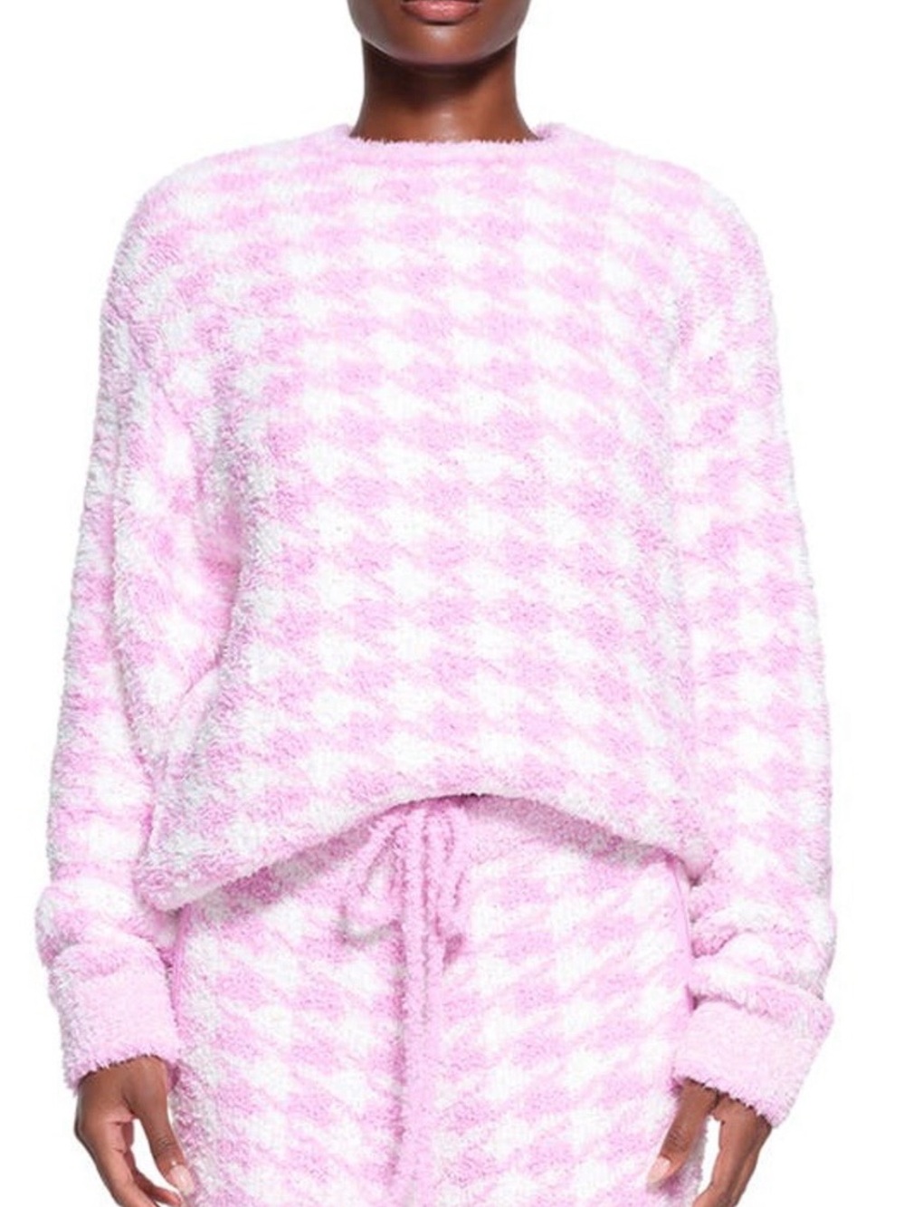 SKIMS Plush Crew Sweater in Light Pink and White🩷
